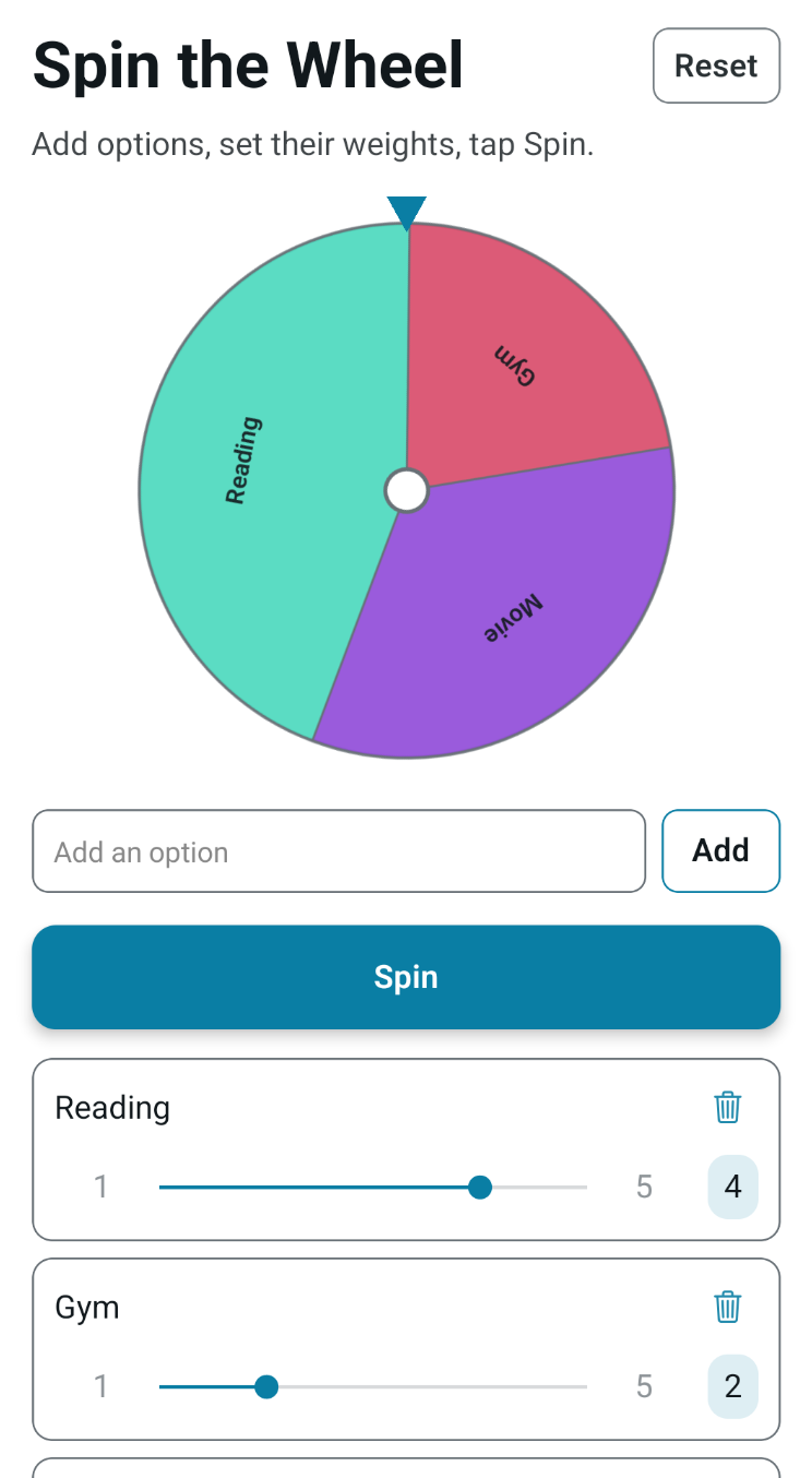 Spin the Wheel & Pick Random app interface with custom options