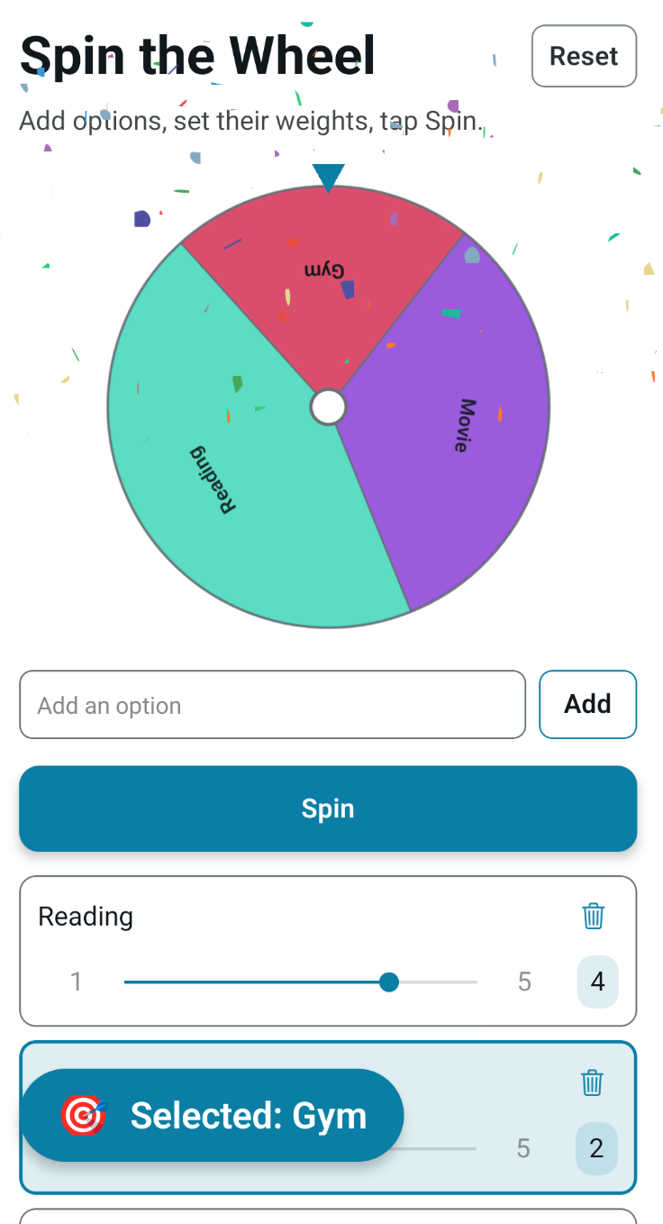 Spin the Wheel wheel spinning and selecting a winner with confetti